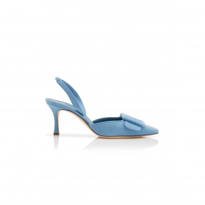 MANOLO BLAHNIK MAYSLI LIGHT BLUE SUEDE BUCKLE DETAIL SLINGBACK PUMPS 219-0182-0094